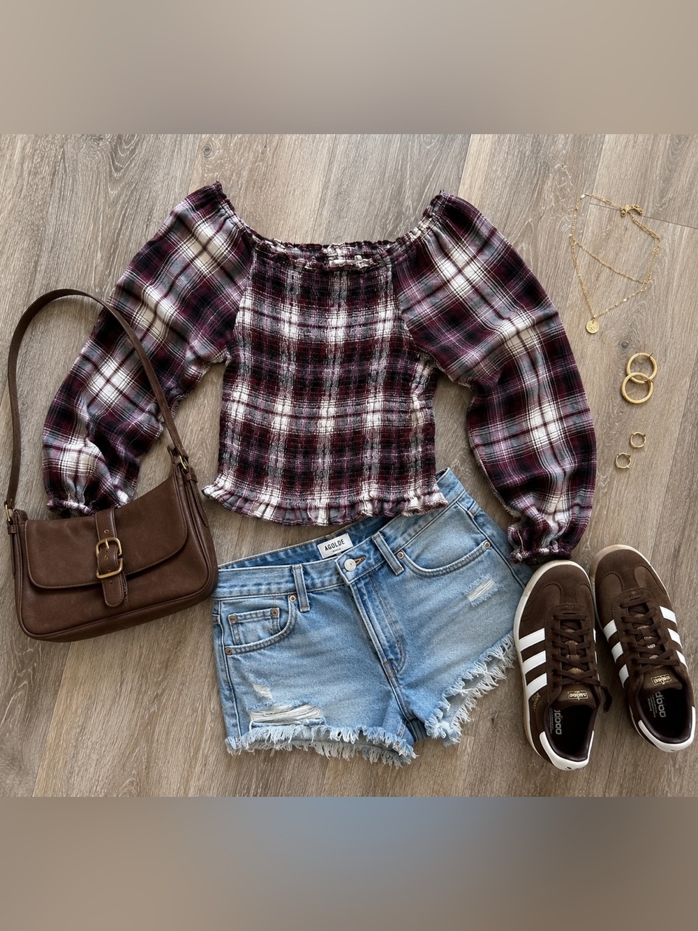 American Rag Cie Burgundy Plaid Smocked Peasant Top | L